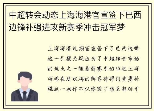 中超转会动态上海海港官宣签下巴西边锋补强进攻新赛季冲击冠军梦